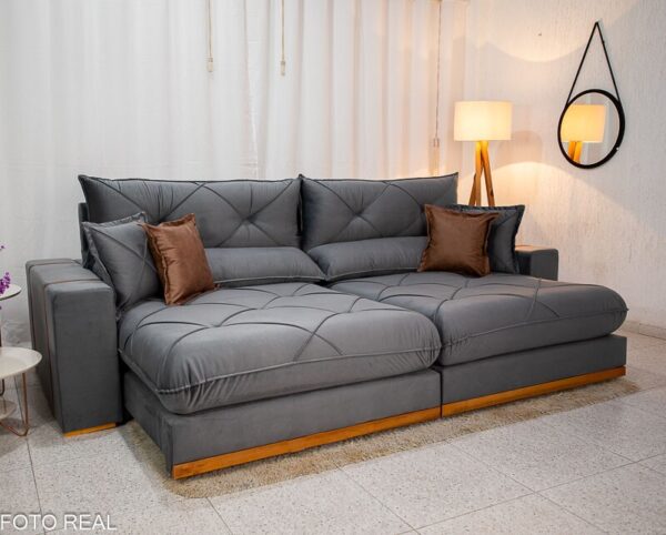 Sofá Retrátil Reclinável Gran Bello 2.90m Veludo Cinza 20 - D33 e Molas Ensacadas Pocket