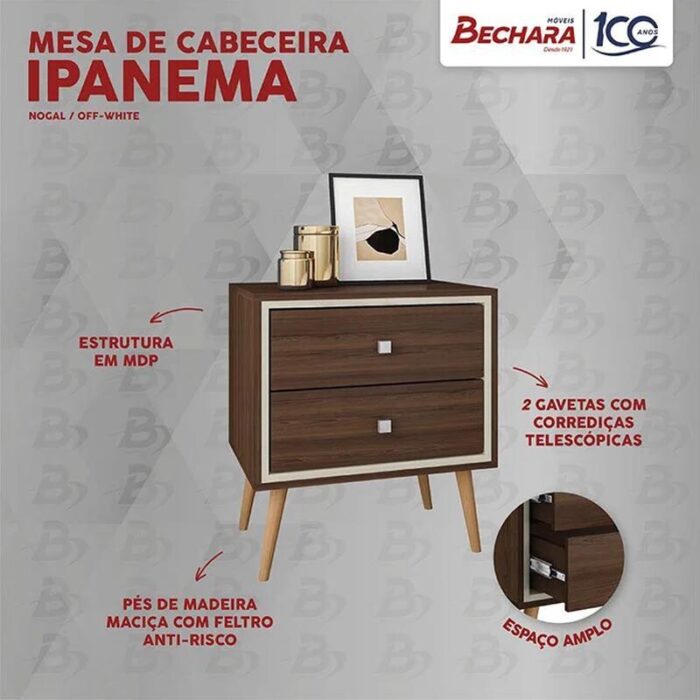 Mesa de Cabeceira Ipanema Nogal/Off 2 Gavetas Larg. 0.54m - Bechara - Imagem 2