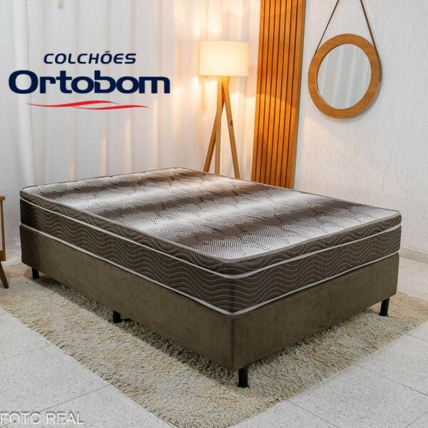 Box Casal Sued Marrom Nosso Sonho + Colchão Casal Ortopédico Light 138x188x62 - Ortobom