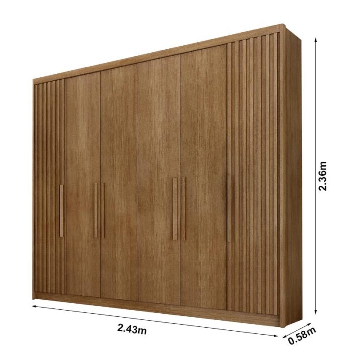 Guarda-Roupa Casal Santoro 6 Portas C/Detalhe Ripado 100% MDF Larg. 2.43m Cumaru - Novo Horizonte - Imagem 3