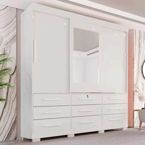 Roupeiro Casal Athenas Branco 3 Portas 9 Gavetas C/ Espelho e Pés Larg. 1.80m - Bianchi