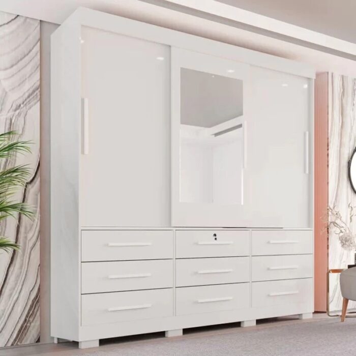 Roupeiro Casal Athenas Branco 3 Portas 9 Gavetas C/ Espelho e Pés Larg. 1.80m - Bianchi