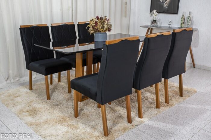 Mesa de Jantar Pedro Mel Vidro Preto 160×80 6 Cadeiras Lisboa Veludo Preto 504 Madeira Maciça Art Assento - Entregue Montada - Imagem 2