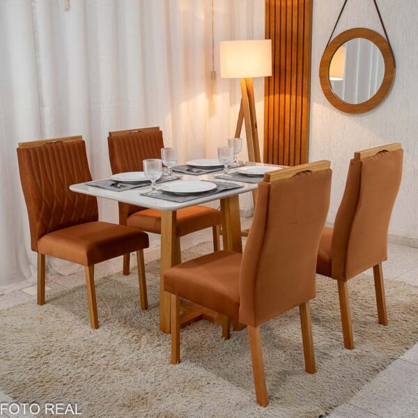Mesa Pedro Mel Vidro OFF 120×80 4 Cadeiras Genova Veludo Terracota 513 Madeira Maciça Art Assento - Entregue Montada