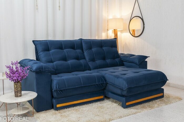 Sofá Retrátil Reclinável Barcelona 2.30m Veludo Azul 325 - D33 e Molas Ensacadas - Imagem 2