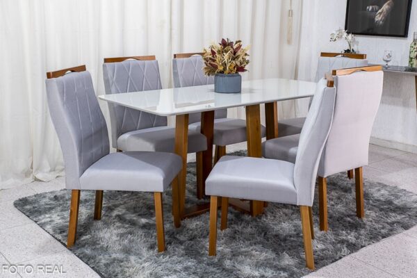 Mesa de Jantar Pedro Mel Vidro Off 160×80 6 Cadeiras Lisboa Veludo Prata 514 Madeira Maciça Art Assento - Entregue Montada