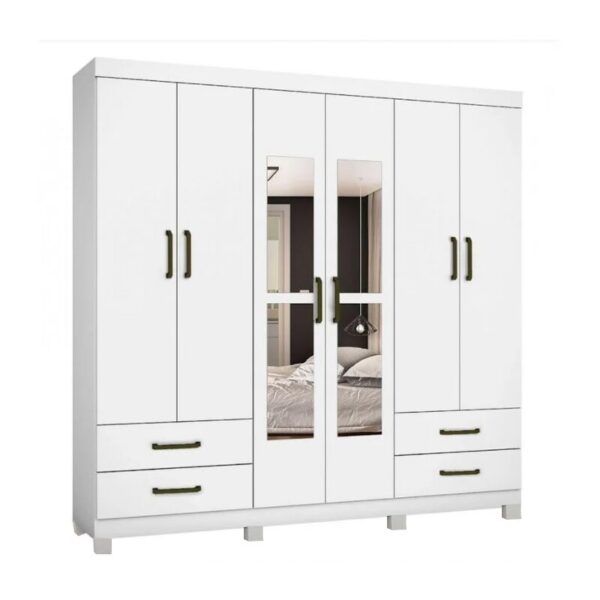 Roupeiro Hercules Branco 6 Portas 4 Gavetas C/ Espelho e Pés Larg. 1.77m - Carioca
