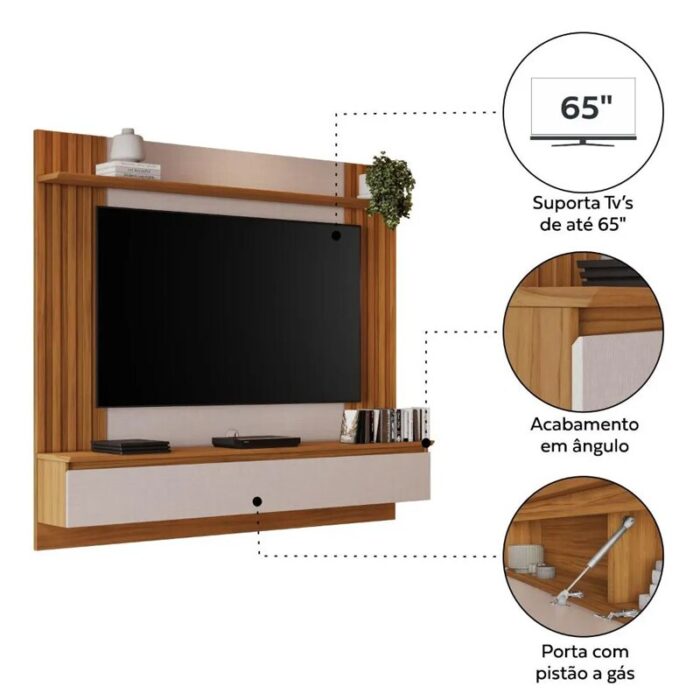 Painel NT 1365 Off/Freijó C/Detalhe Ripado Para TV até 65 Polegadas Larg. 1.60m - Notável - Imagem 3