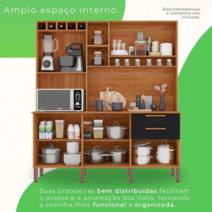 Armário Cozinha New Topázio Cinamomo/Preto 6 Portas 2 Gavetas Larg. 1.65m - Sallêto - Imagem 2