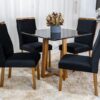 Mesa de Jantar Pedro Mel Vidro Preto 90×90 4 Cadeiras Lisboa Veludo Preto 504 Madeira Maciça Art Assento - Entregue Montada
