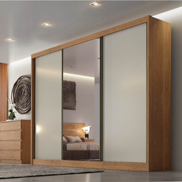 Roupeiro Casal Diamond Plus Cumaru/Fendi Fosco 3 Portas 8 Gavetas C/ 1 Espelho 100% MDF Larg. 2.41m - Novo Horizonte