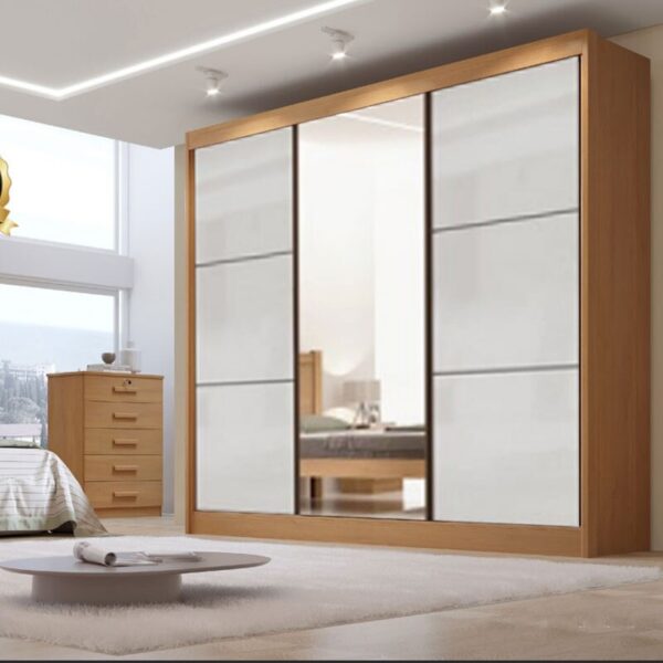Roupeiro Casal Cristal Cinamomo/Off 3 Portas 6 Gavetas C/ 1 Espelho Portas Flex 100% MDF Larg. 2.42m - D Doro