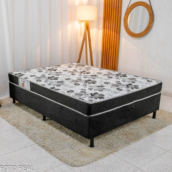 Box Casal Sued Preto Nosso Sonho + Colchão Casal Santé 100% Espuma D33 138x188x52 - Nosso Sonho