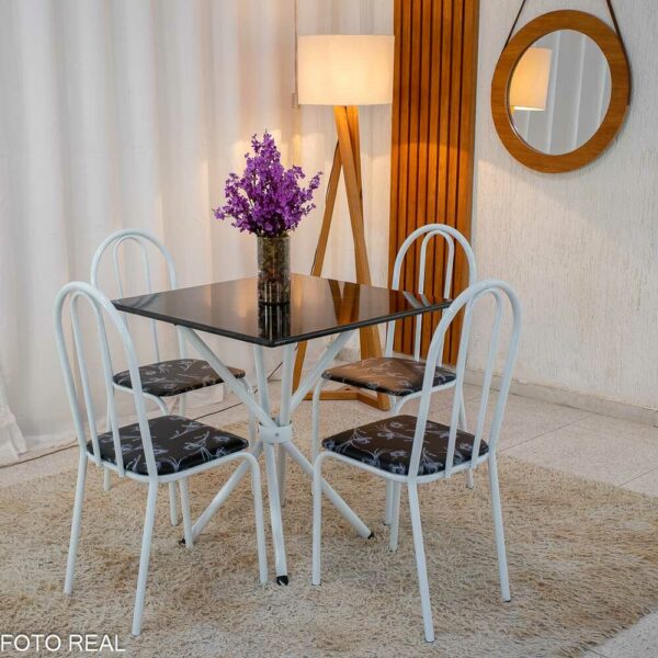 Mesa de Cozinha Base Ipanema Branco Tampo Pedra Preto 75x75 4 Cadeiras Ubatuba Assento Preto - Teixeira