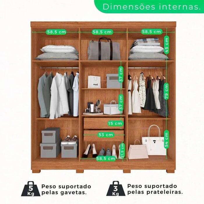 Roupeiro Casal Recife Cinamomo/Off 6 Portas C/Pés Larg. 1.80m - Sallêto - Imagem 3
