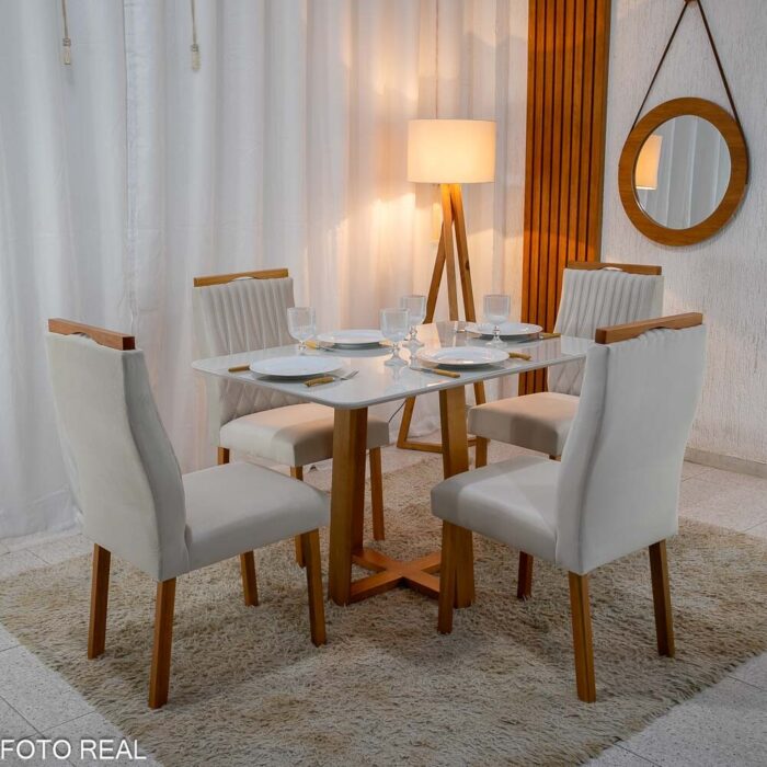 Mesa Pedro Mel Vidro OFF 120×80 4 Cadeiras Genova Veludo Bege 512 Madeira Maciça Art Assento - Entregue Montada - Imagem 2