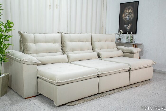 Sofá Retrátil Reclinável Emanuelly 3.20m Veludo Bege 01 - D28 Soft - Imagem 9
