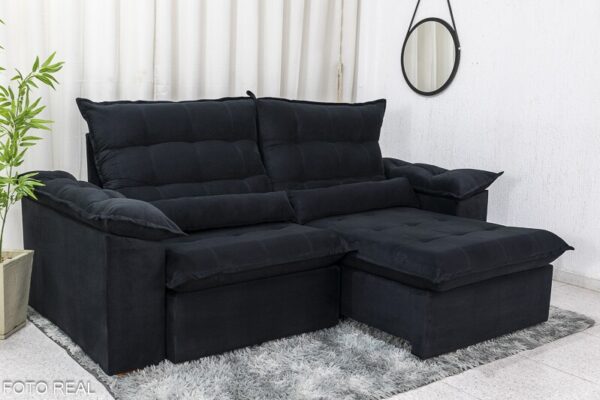 Sofá Retrátil Reclinável Emanuelly 2.30m Veludo Preto 21 - D28 Soft