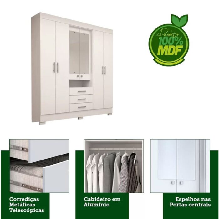 Roupeiro Débora Nature/Off 6 Portas C/ Espelho e Pés 100% MDF Larg. 1.78m - ACP - Imagem 3