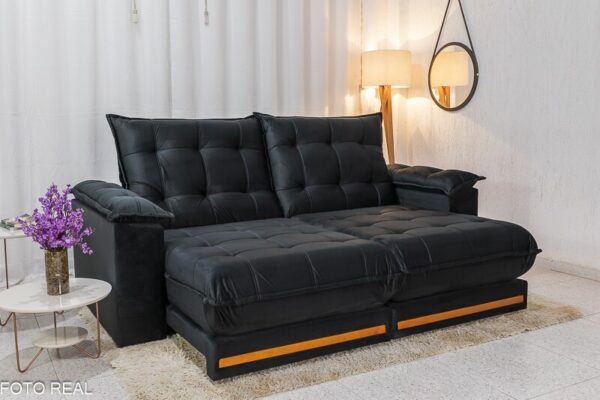 Sofá Retrátil Reclinável Barcelona 2.30m Veludo Preto 322 - D33 e Molas Ensacadas