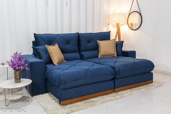 Sofá Retrátil Reclinável Gran Bello 2.50m Veludo Azul 03 - D33 e Molas Ensacadas Pocket