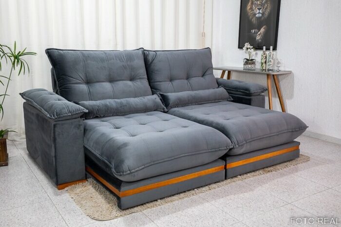 Sofá Retrátil Reclinável Ibis 2.30m Veludo Cinza 814 - D33 e Molas Ensacadas