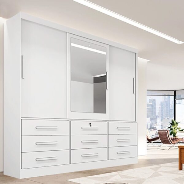 Roupeiro Casal Turim Branco 3 Portas 9 Gavetas C/ 1 Espelho Larg. 2.11 - Bianchi