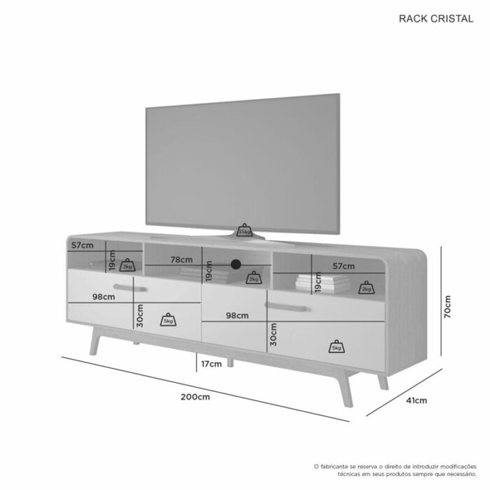 Rack Bancada Cristal Candian Cinamomo/Off TV até 70 Polegadas Larg. 2.00m - JCM - Imagem 4