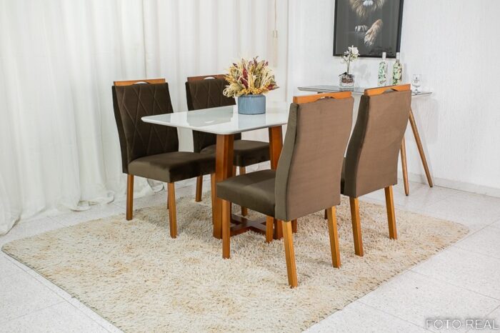 Mesa de Jantar Pedro Mel Vidro Off 120×80 4 Cadeiras Lisboa Veludo Marrom 509 Madeira Maciça Art Assento - Entregue Montada - Imagem 3