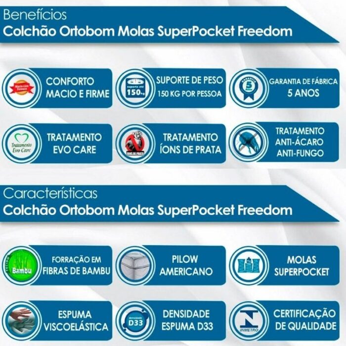 Colchão Casal New Freedom 138x188x32 Molas Ensacadas Pocket Espuma Viscoelástica D33 - Ortobom - Imagem 5