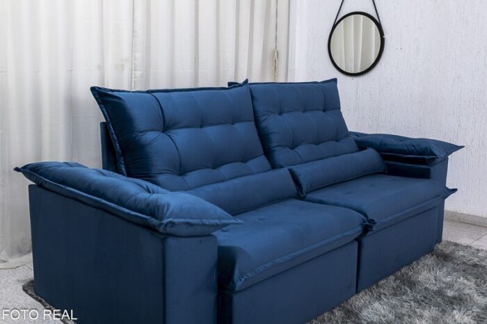 Sofá Retrátil Reclinável Emanuelly 2.00m Veludo Azul 03 D28 Soft - Imagem 6