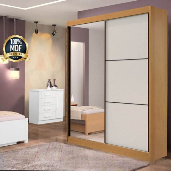 Roupeiro Atenas Cinamomo/Off 2 Portas C/ 1 Espelho 100% MDF Portas Flex Larg. 1.85m - D Doro