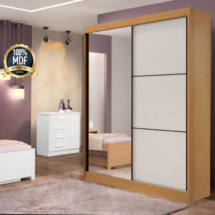 Roupeiro Atenas Cinamomo/Off 2 Portas C/ 1 Espelho 100% MDF Portas Flex Larg. 1.85m - D Doro