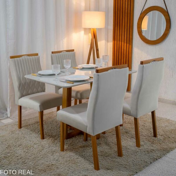 Mesa Pedro Mel Vidro OFF 120×80 4 Cadeiras Genova Veludo Bege 512 Madeira Maciça Art Assento - Entregue Montada