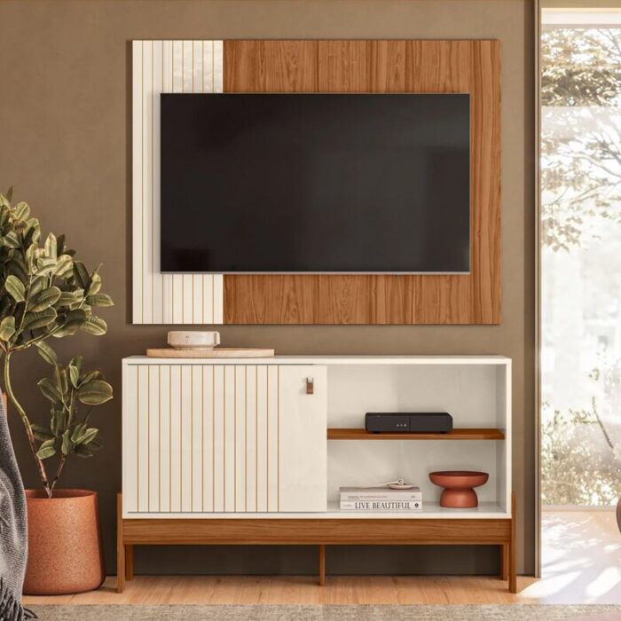 Rack e Painel Wood Pérola Metalizada-Cinamomo Mel Larg. 1.20m - Mobler