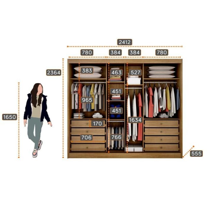Roupeiro Casal Diamond Plus Cumaru/Fendi Fosco 3 Portas 8 Gavetas C/ 1 Espelho 100% MDF Larg. 2.41m - Novo Horizonte - Imagem 2
