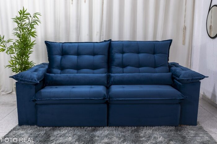 Sofá Retrátil Reclinável Emanuelly 2.00m Veludo Azul 03 D28 Soft - Imagem 5