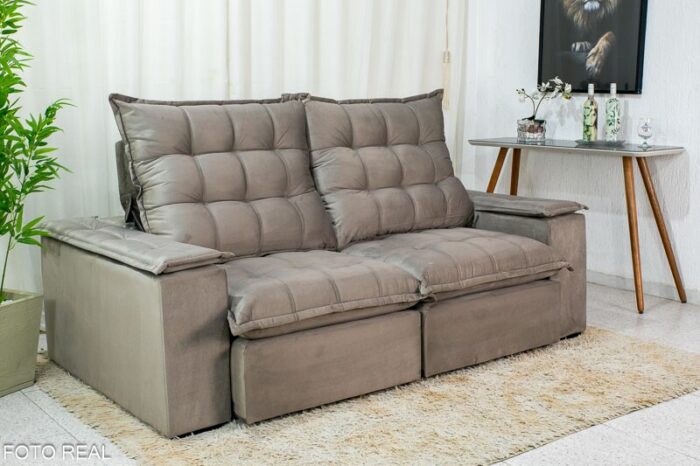 Sofá Retrátil Reclinável Atenas 2.10m Veludo Cinza 813 D33 e Molas Ensacadas - Imagem 7