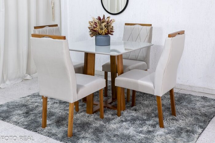 Mesa de Jantar Pedro Mel Vidro Off 90×90 4 Cadeiras Lisboa Veludo Bege 512 Madeira Maciça Art Assento - Entregue Montada - Imagem 3