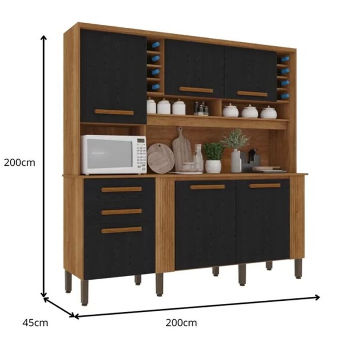 Armário Cozinha Cinamomo/Preto Catar 6 Portas 2 Gavetas Larg. 2.00m - Sallêto - Imagem 5