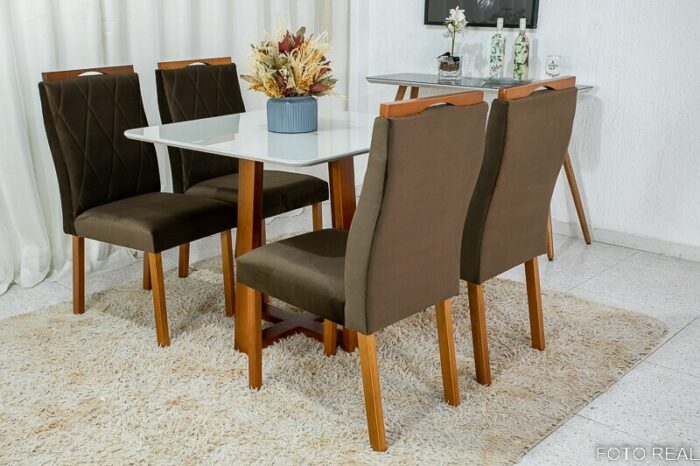 Mesa de Jantar Pedro Mel Vidro Off 90×90 4 Cadeiras Lisboa Veludo Marrom 509 Madeira Maciça Art Assento - Entregue Montada - Imagem 4