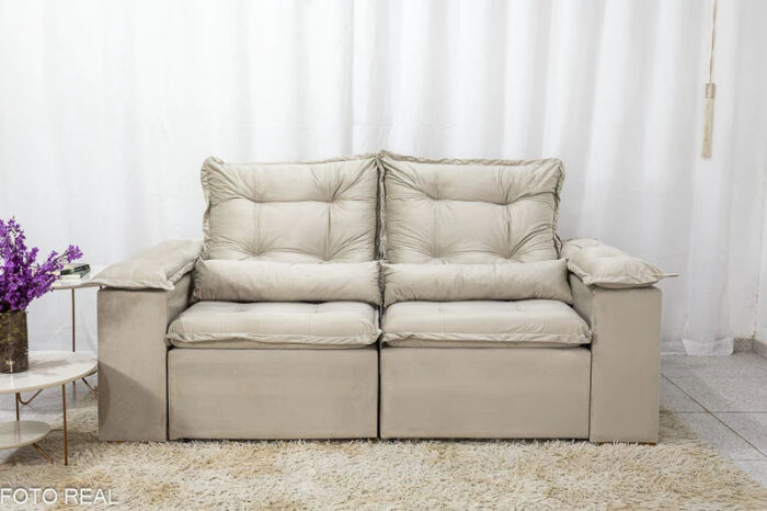 Sofá Retrátil Reclinável Grécia Veludo Bege Larg. 2.00m + Rack Lazuli Off TV até 55 Polegadas Larg. 1.35m - Bechara - Imagem 8
