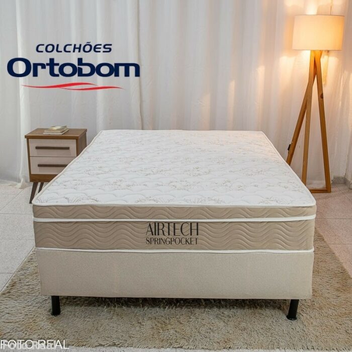 Box Casal Sued Bege Nosso Sonho + Colchão Casal Airtech Springpocket 138x188x62 Molas Ensacadas - Ortobom - Imagem 2