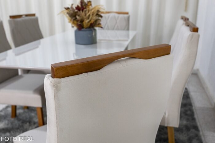 Mesa de Jantar Pedro Mel Vidro Off 160×80 6 Cadeiras Lisboa Veludo Bege 512 Madeira Maciça Art Assento - Entregue Montada - Imagem 5