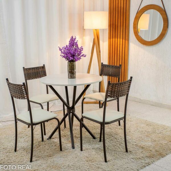 Mesa Atlanta Base Ipanema Marrom Tampo Redondo Pedra Off 75x75 4 Cadeiras Assento Creme - Teixeira