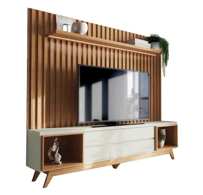 Painel + Rack até 75" Aurora TB343F Off White/Freijó - DALLA COSTA - Imagem 2