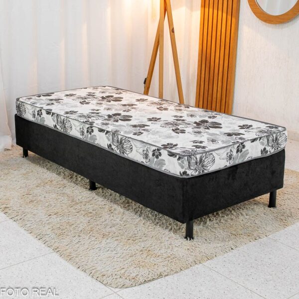 Box Solt. Sued Preto + Colchão Solt. Soffie Lotus 88x188x12x49 D20 - Nosso Sonho
