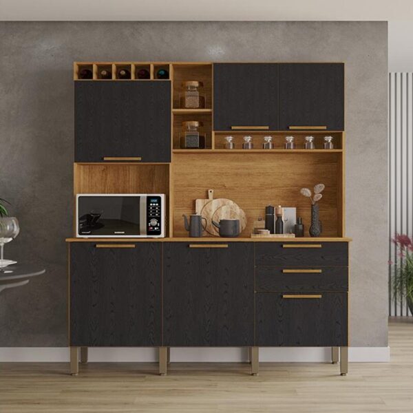 Armário Cozinha New Topázio Cinamomo/Preto 6 Portas 2 Gavetas Larg. 1.65m - Sallêto