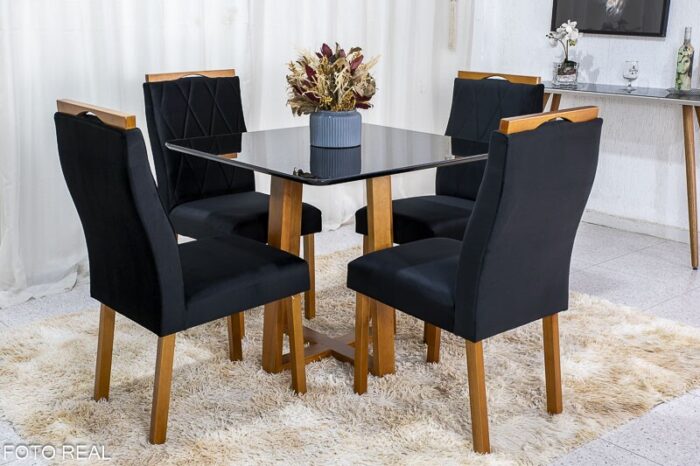 Mesa de Jantar Pedro Mel Vidro Preto 90×90 4 Cadeiras Lisboa Veludo Preto 504 Madeira Maciça Art Assento - Entregue Montada - Imagem 2