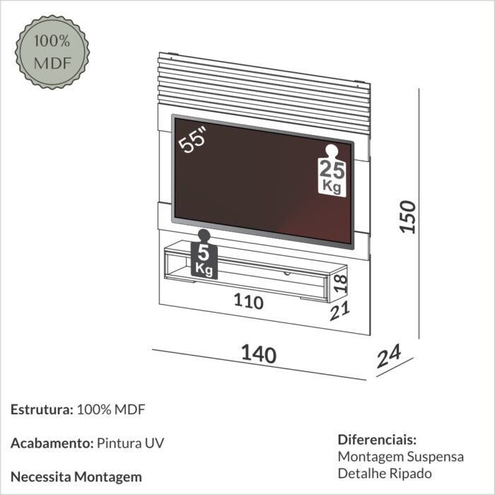 Painel p/ TV até 55” Antix – 100% MDF – P/ Tv Até 55'' – OffWhite/Freijó – DALLA COSTA - Imagem 4